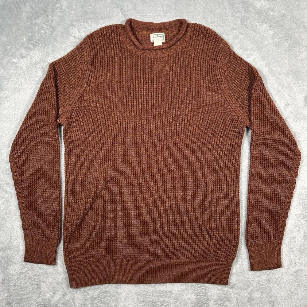 LL Bean Organic Cotton Crew Sweater Mens Med Tall  Waffle Rollneck Orange 515580